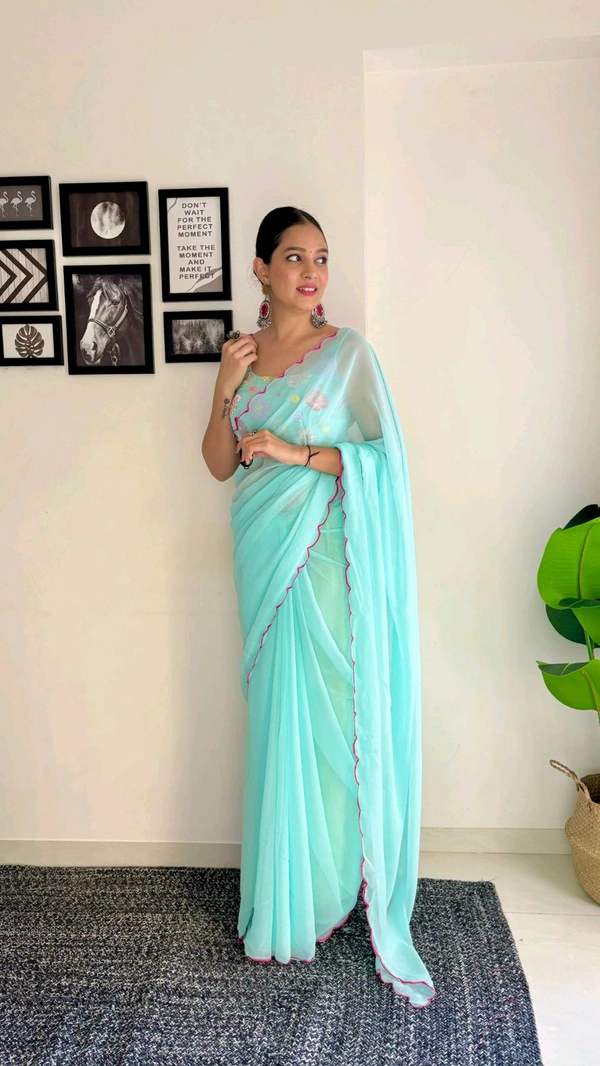 Georgette Saree With Work Blouse - GAS302 - Sky blue