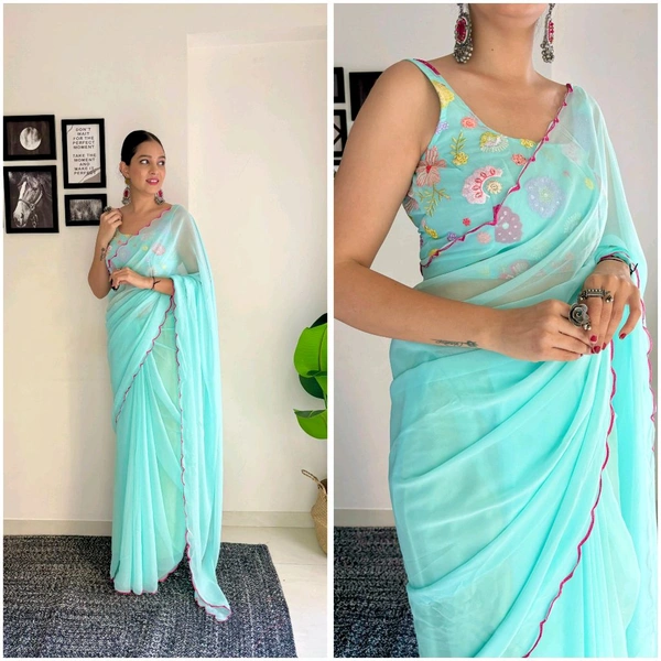 Georgette Saree With Work Blouse - GAS302 - Sky blue