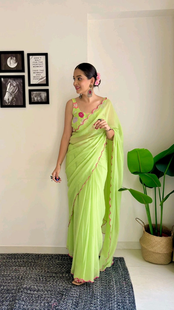 Georgette Saree With Work Blouse - GAS302 - Spring Green