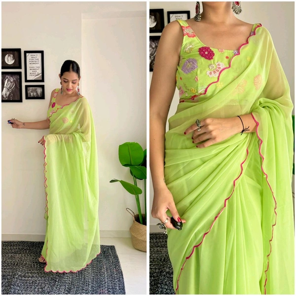 Georgette Saree With Work Blouse - GAS302 - Spring Green