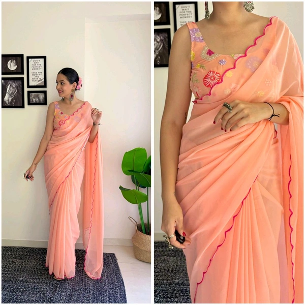 Georgette Saree With Work Blouse - GAS302 - Peach