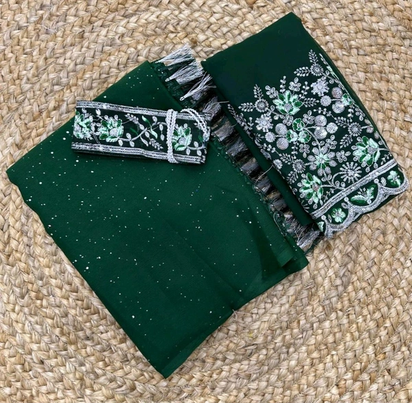 Work Blouse Hip Belt Georgett saree with galaxy work all over saree - HBW201 - Bottle green