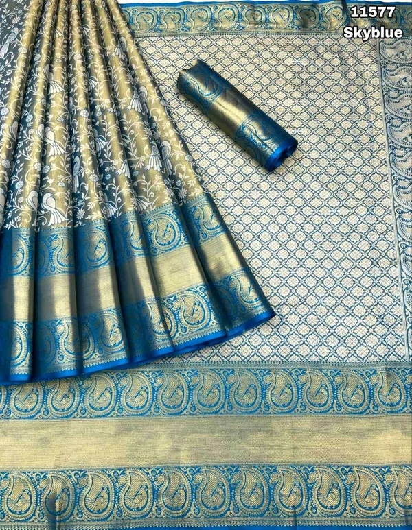 KS0026 Kanjivaram Silk Saree Full 1 Gm Gold Zari Weaving  - Sky blue