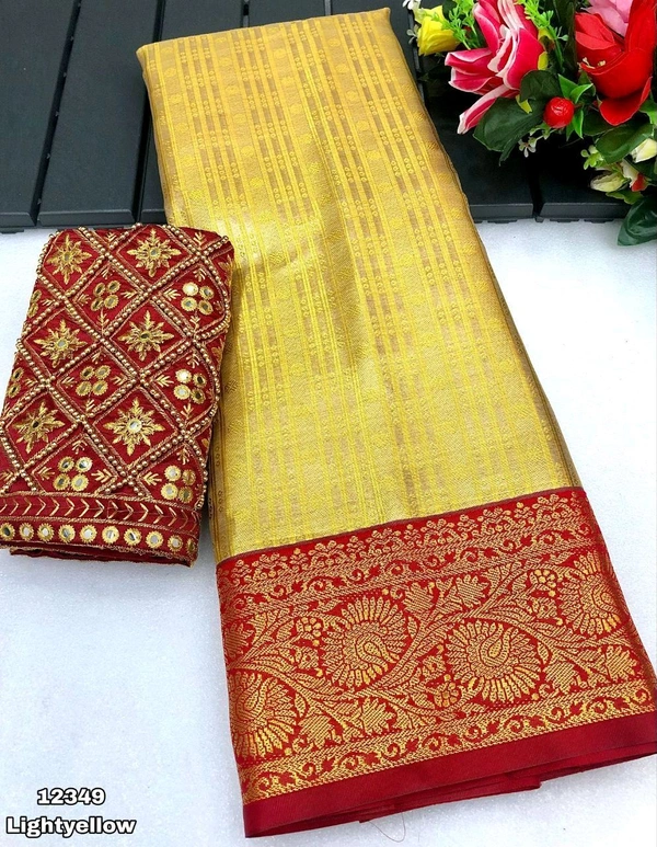 KS0029 Heavy Bridal Golden kanjivaram Silk Saree With Aari Blouse 