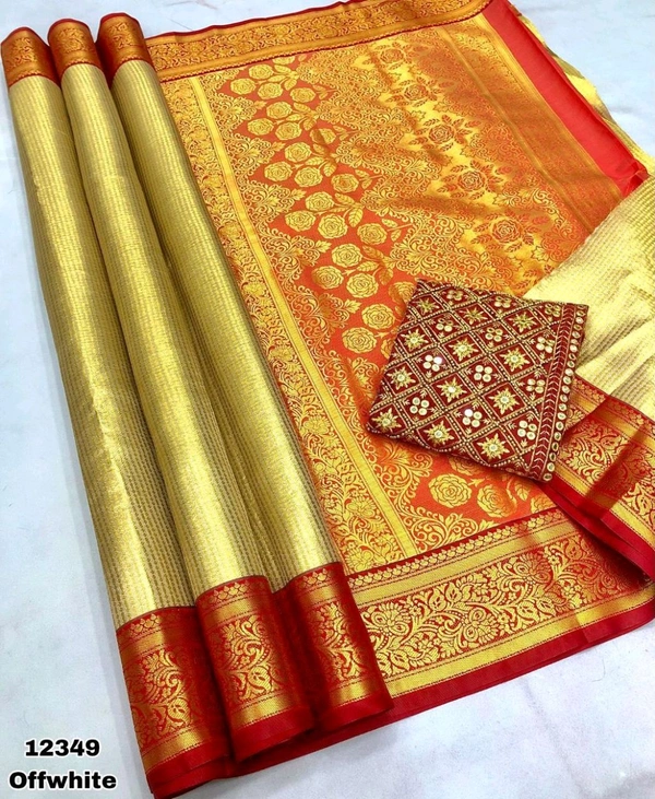 KS0030 Heavy Bridal Golden kanjivaram Silk Saree With Aari Blouse 