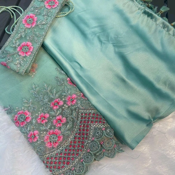 W22001  Japan Sattin Saree With Neted Coding Emrodiry Work Blouse & Hip Work Belt - Sky Blue