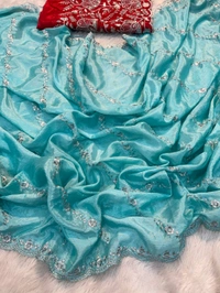 W22005 Chinon Multi Emrodiry Work With Chinon Contrast Multi Emrodiry Work Blouse - Sky Blue