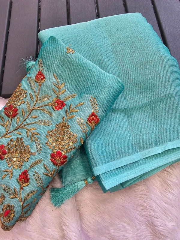 W22007 Chiffon Saree With Embroidery Blouse  - Sky blue