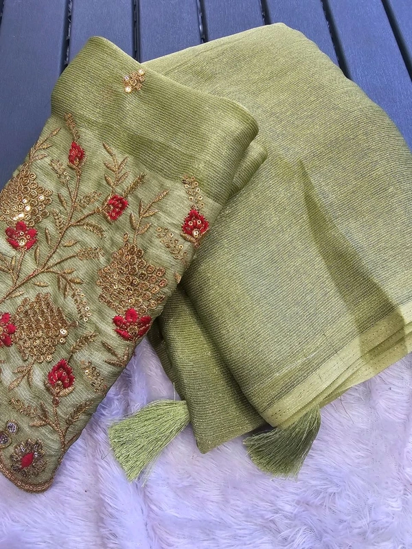 W22007 Chiffon Saree With Embroidery Blouse  - Green