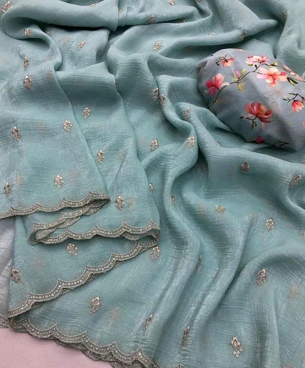 W22010 Georgette Crush Saree With Butti Work - Sky Blue