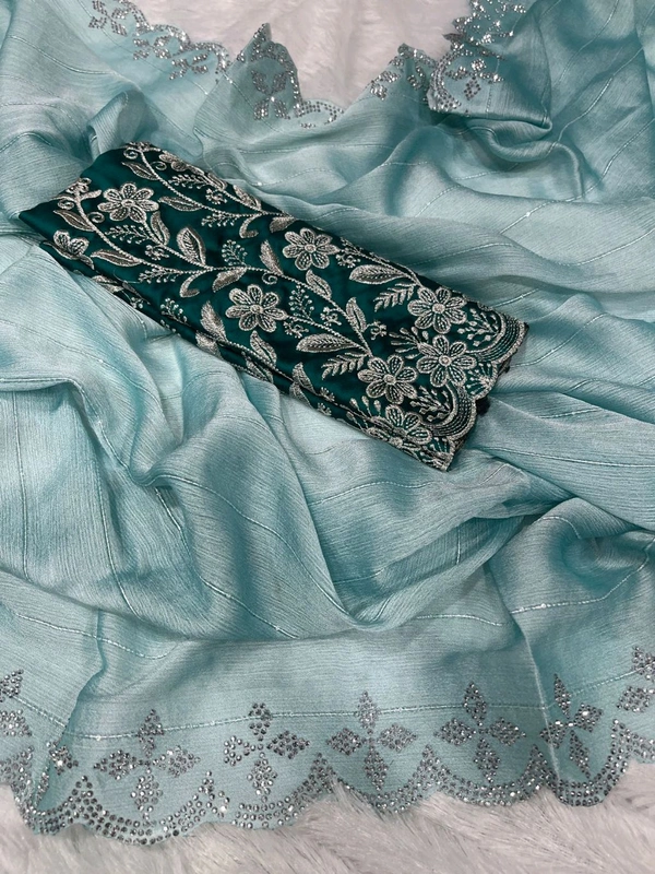 W22012 Burberry Chiffon Saree With Embroidery Blouse  - Sky Blue