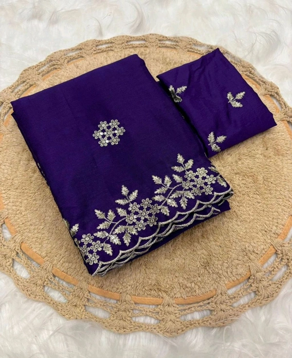 W22023 Pure chinnon chiffon sarees with all over embroidery  - Purple