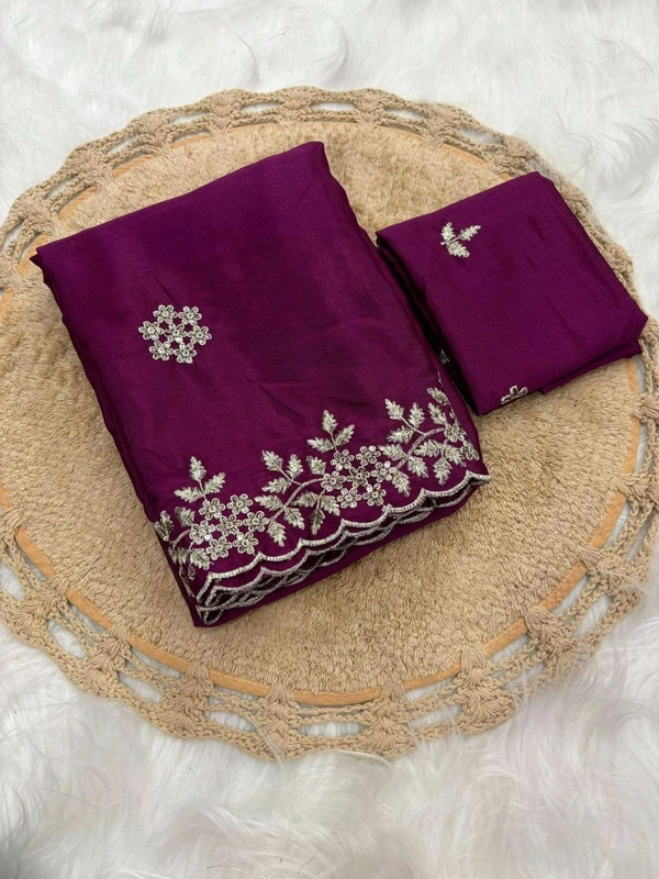 W22023 Pure chinnon chiffon sarees with all over embroidery  - Magenda