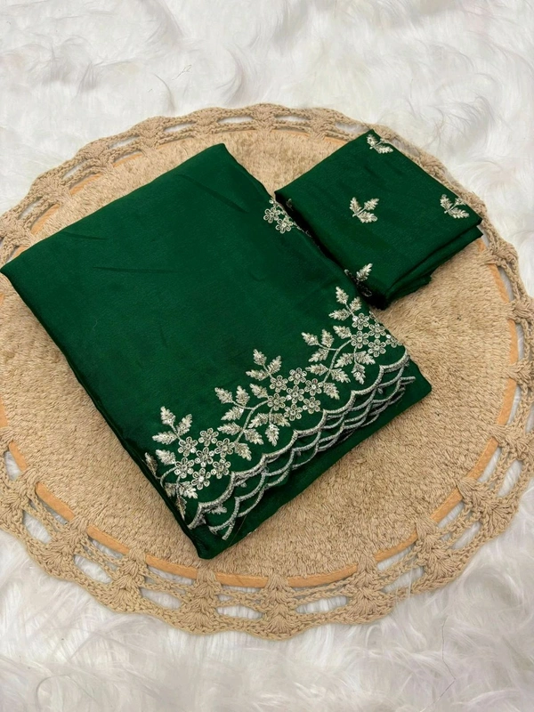 W22023 Pure chinnon chiffon sarees with all over embroidery  - Bottle green