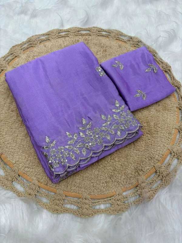 W22023 Pure chinnon chiffon sarees with all over embroidery  - Levender