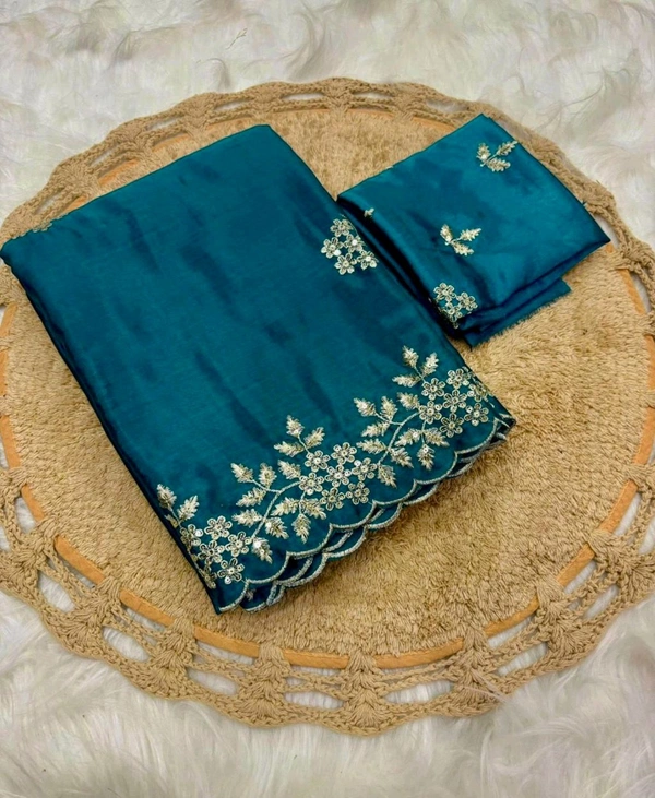 W22023 Pure chinnon chiffon sarees with all over embroidery  - Teal