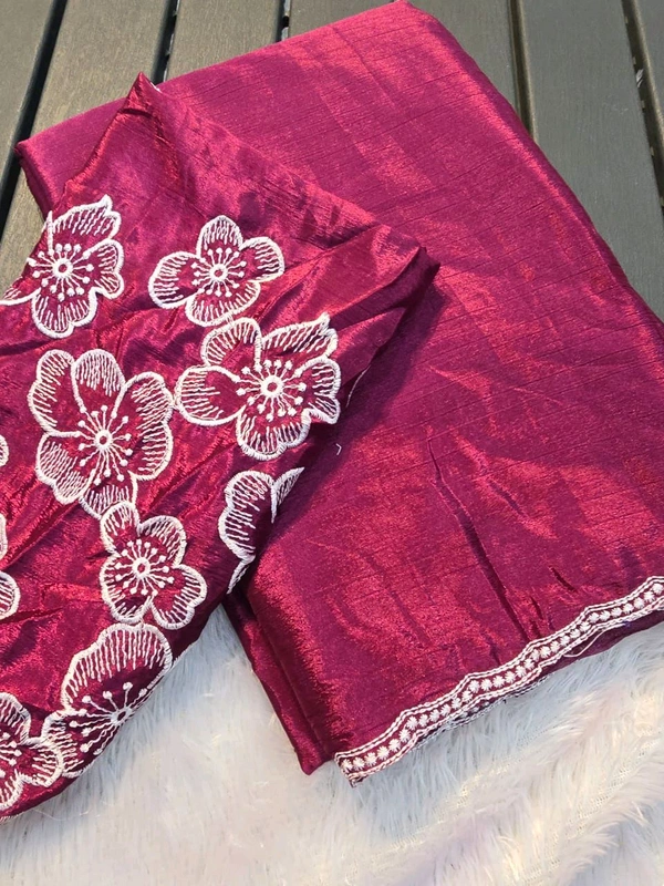 W22024 Chinnon saree multiple embroidery piping  - Fuchsia Pink