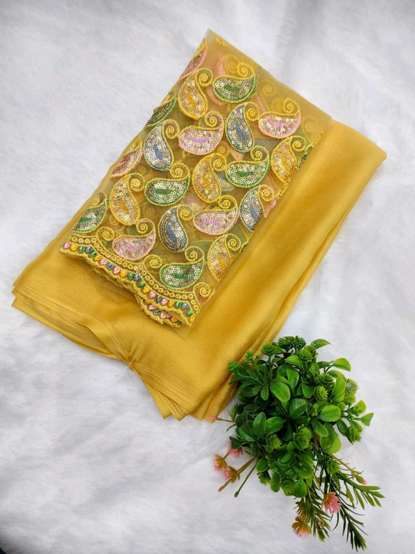 W22024 Moss Coating  Shimmer Saree With Work Blouse  - Yellow