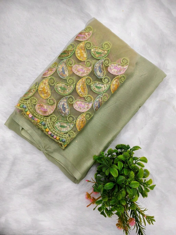 W22024 Moss Coating  Shimmer Saree With Work Blouse  - Mint Green