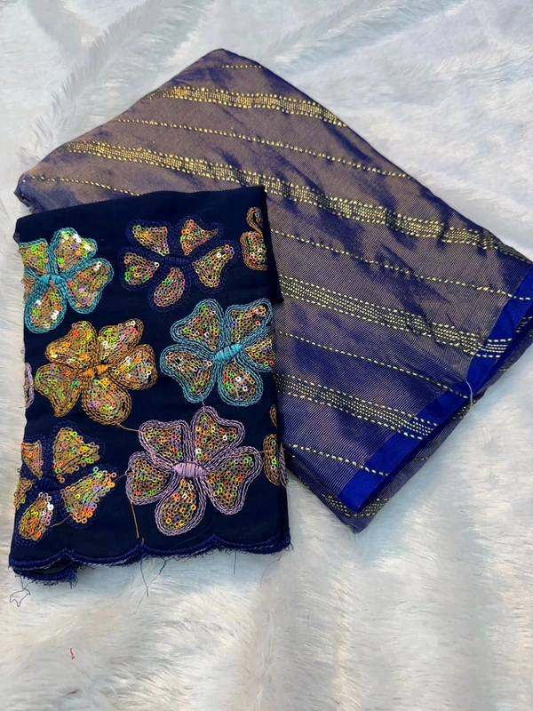 W22028 Soft Georgette braso Silk Designer golden Foil work With beautiful embroidery sequence cut work in blouse Also Beautiful jalar in pallu - Blue