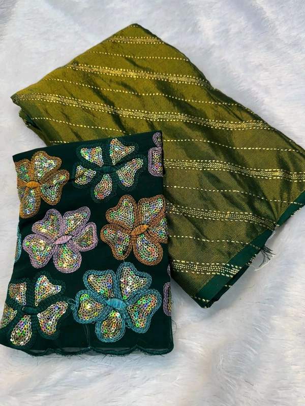 W22028 Soft Georgette braso Silk Designer golden Foil work With beautiful embroidery sequence cut work in blouse Also Beautiful jalar in pallu - Green