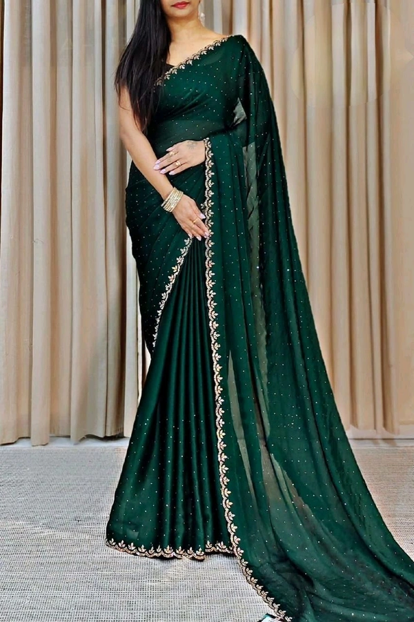 W22032 Chinnon Silk saree Allover Saree Stone Work  - Bottle green