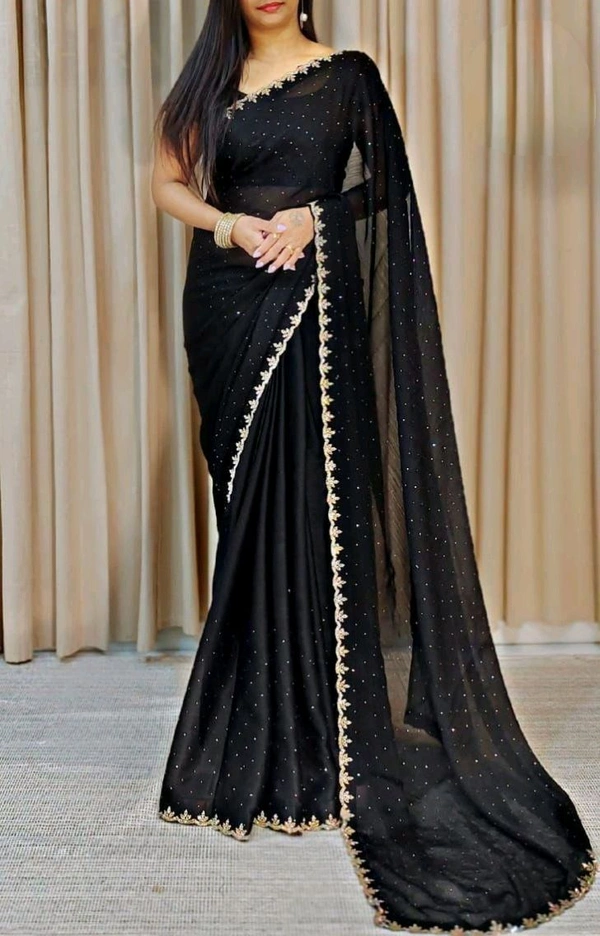 W22032 Chinnon Silk saree Allover Saree Stone Work  - Black