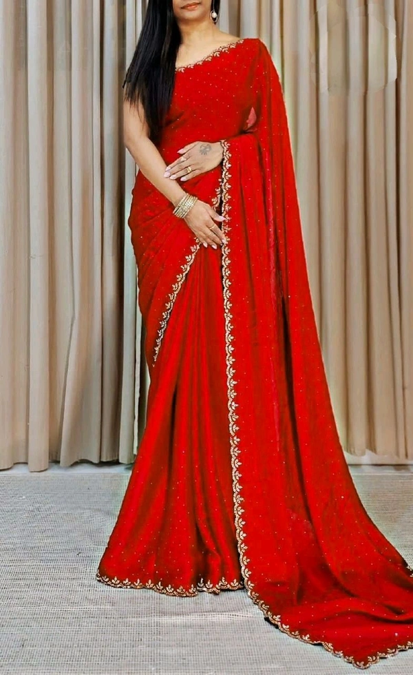 W22032 Chinnon Silk saree Allover Saree Stone Work  - Red