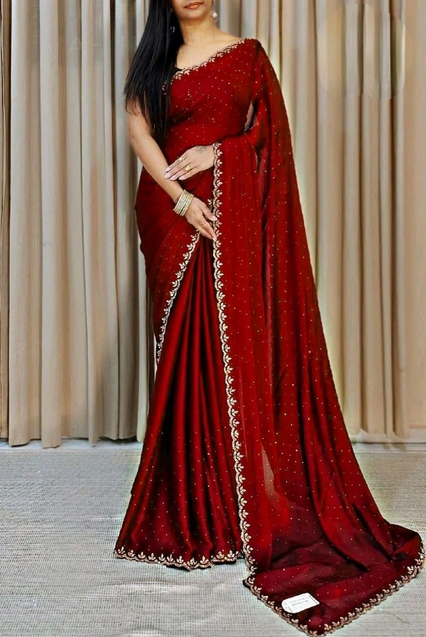 W22032 Chinnon Silk saree Allover Saree Stone Work  - Maroon