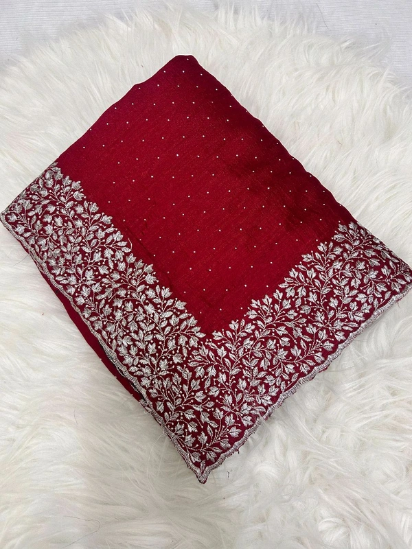 W05002 Beautiful Vichitra Silk Saree With Silver Embroidery Work  - Red