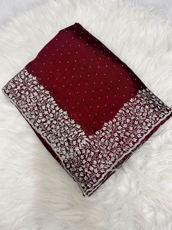 W05002 Beautiful Vichitra Silk Saree With Silver Embroidery Work  - Maroon