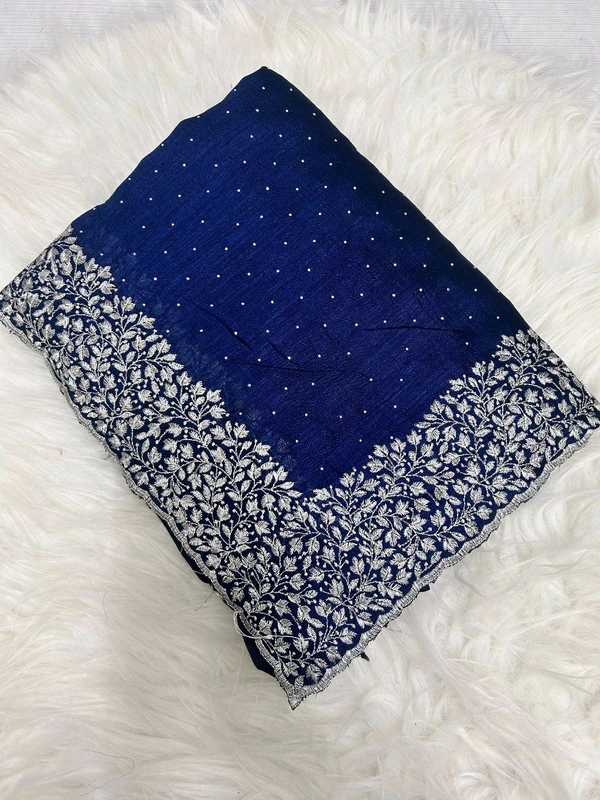 W05002 Beautiful Vichitra Silk Saree With Silver Embroidery Work  - Navy Blue