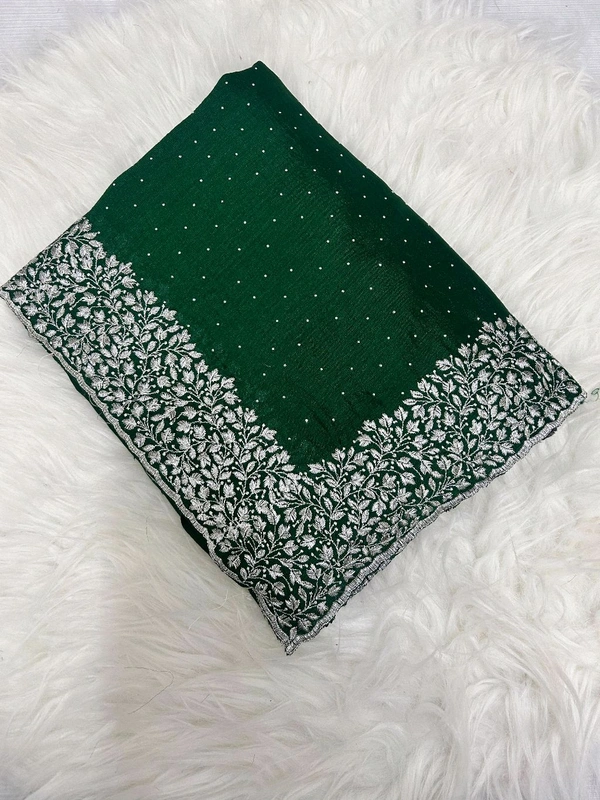 W05002 Beautiful Vichitra Silk Saree With Silver Embroidery Work  - Bottle green