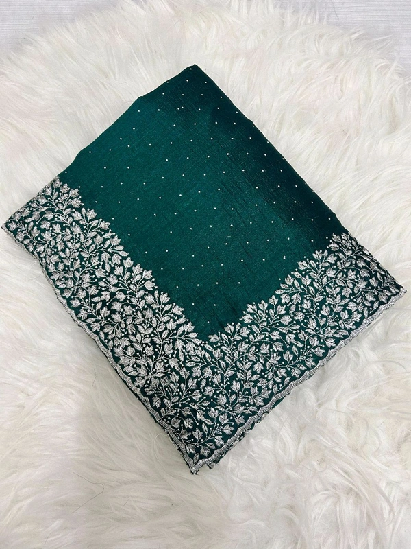 W05002 Beautiful Vichitra Silk Saree With Silver Embroidery Work  - Teal