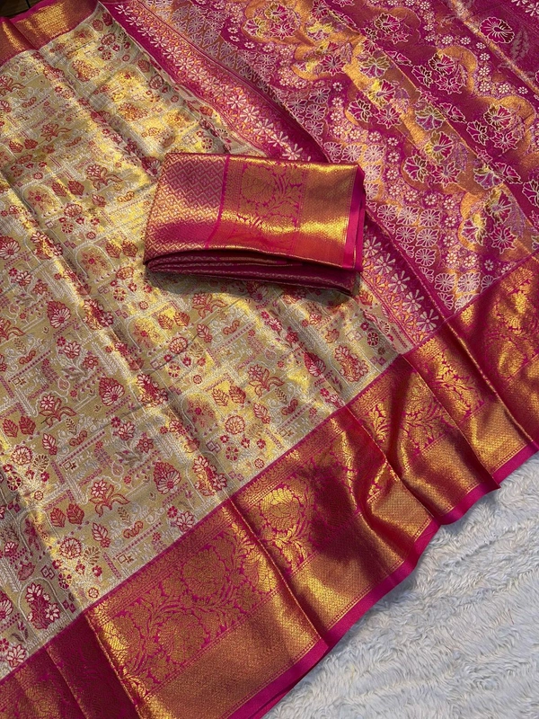 W33001 1 Gm Gold Zari Weaving Kanjivaram Silk Saree  - Pink