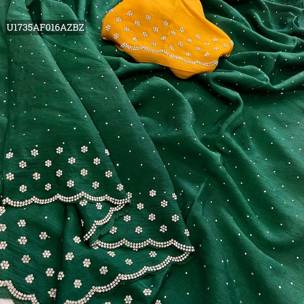 W22023 Pure chinnon chiffon sarees with all over Real Diamond Work  - Green