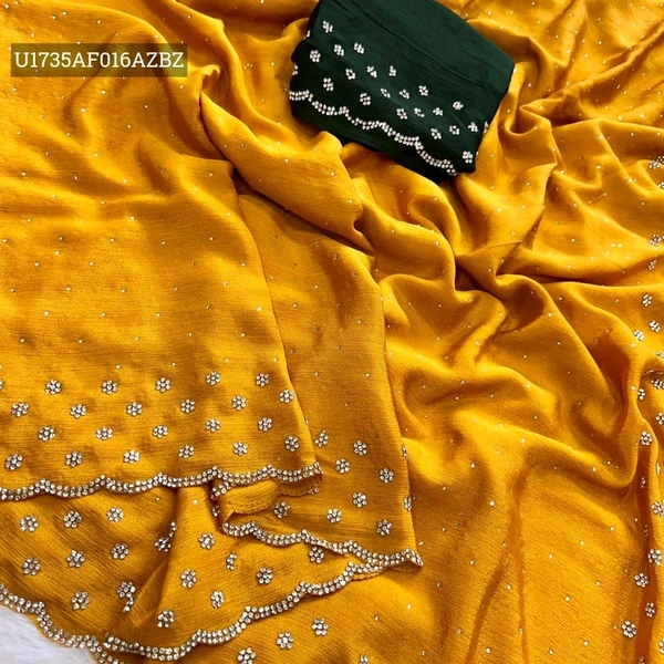 W22023 Pure chinnon chiffon sarees with all over Real Diamond Work  - Yellow