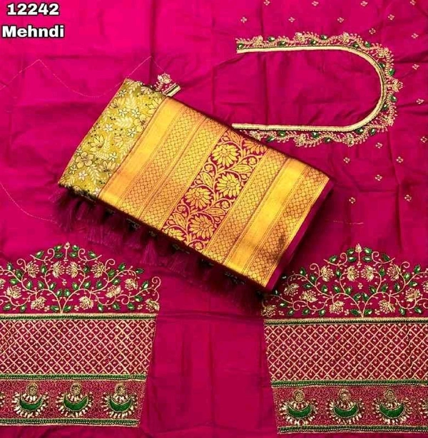 KS0049 Kanjivaram Silk Saree With Aari Work Blouse  - Mehindi