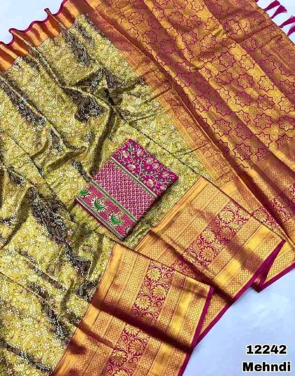 KS0049 Kanjivaram Silk Saree With Aari Work Blouse  - Mehindi