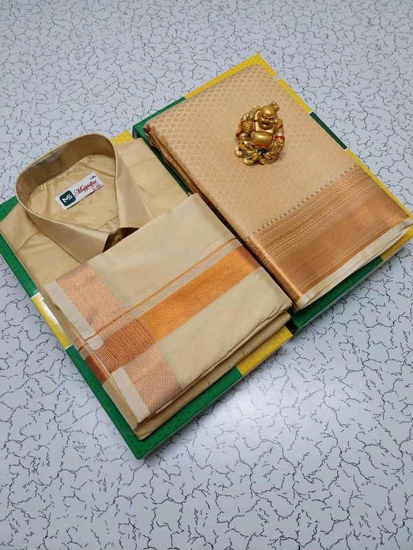 CUP006  Premium silk Couple combo set (Shirt - Dhoti + Bridal semi silk sarees - S-36