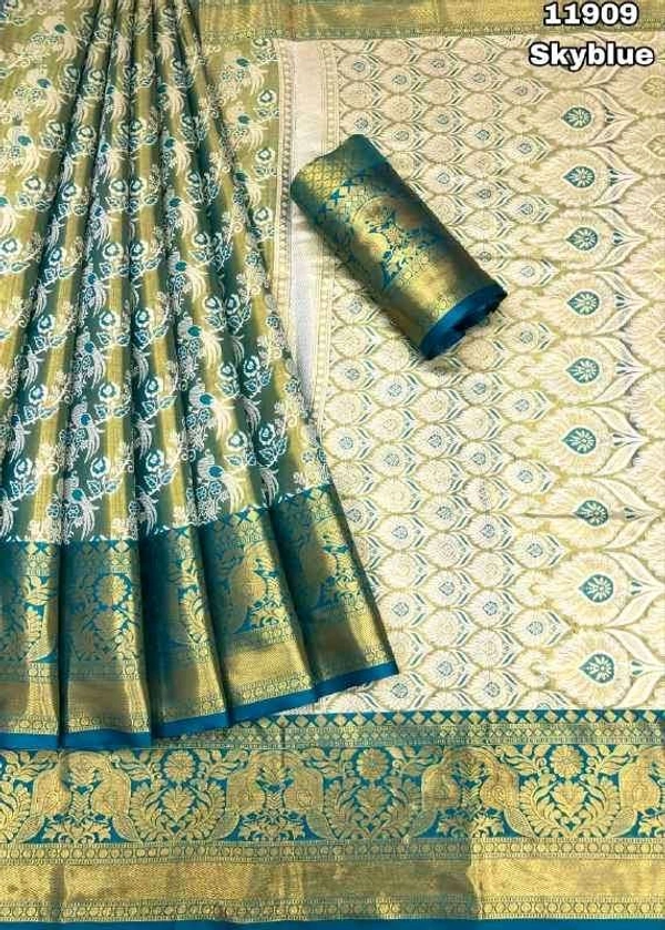 KS0050 1 Gm Gold Zari Weaving Kanjivaram Silk Saree  - sky blue