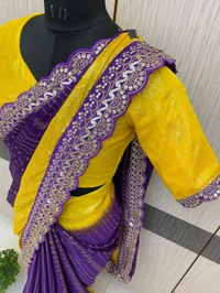 W53001 Smooth chiffon based georgette saree with broad foil border & cut-work embroidered zari lace