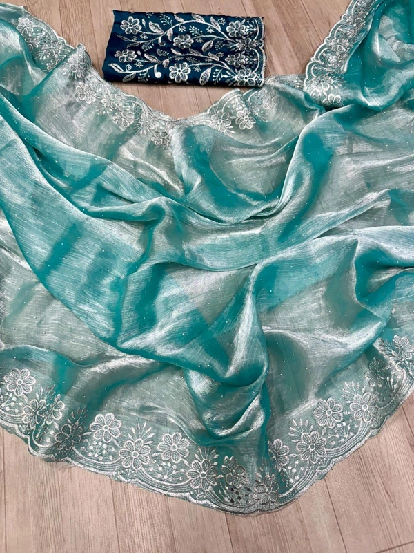 W22036 Burberry Chiffon Multi Embroidery Dimond Work Saree With Multi Embroidery Work Blouse - Sky Blue