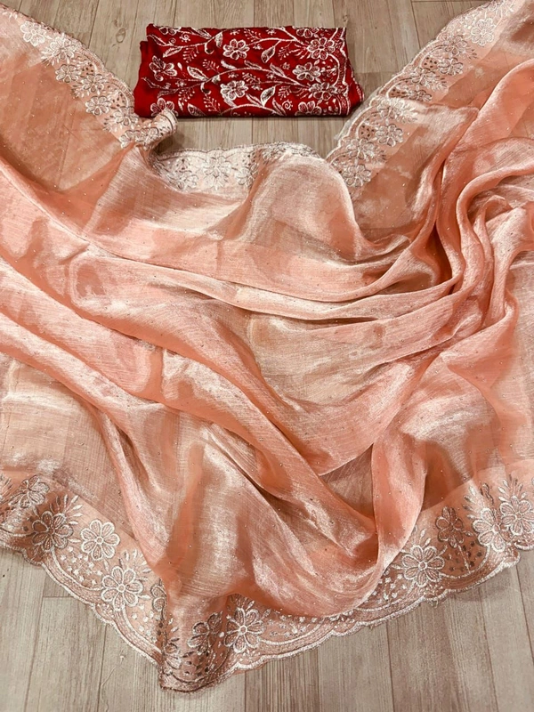 W22036 Burberry Chiffon Multi Embroidery Dimond Work Saree With Multi Embroidery Work Blouse - Peach