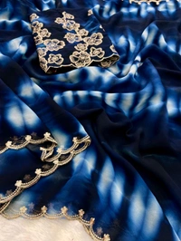 W22037 Soft georgette sibori print Saree with Multi Embroidery Work border With Embroidery Work Blouse - Navy Blue