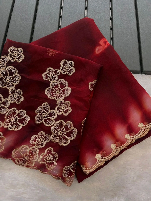 W22037 Soft georgette sibori print Saree with Multi Embroidery Work border With Embroidery Work Blouse - Maroon