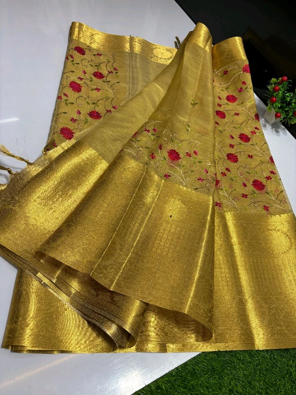 B08002 Pure Banarasi Tissue Soft Silk Saree With Allover Saree Embroidery Work 