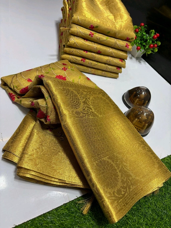 B08002 Pure Banarasi Tissue Soft Silk Saree With Allover Saree Embroidery Work 