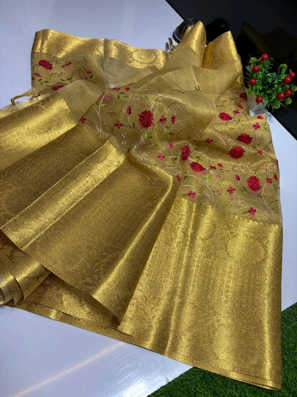 B08002 Pure Banarasi Tissue Soft Silk Saree With Allover Saree Embroidery Work 