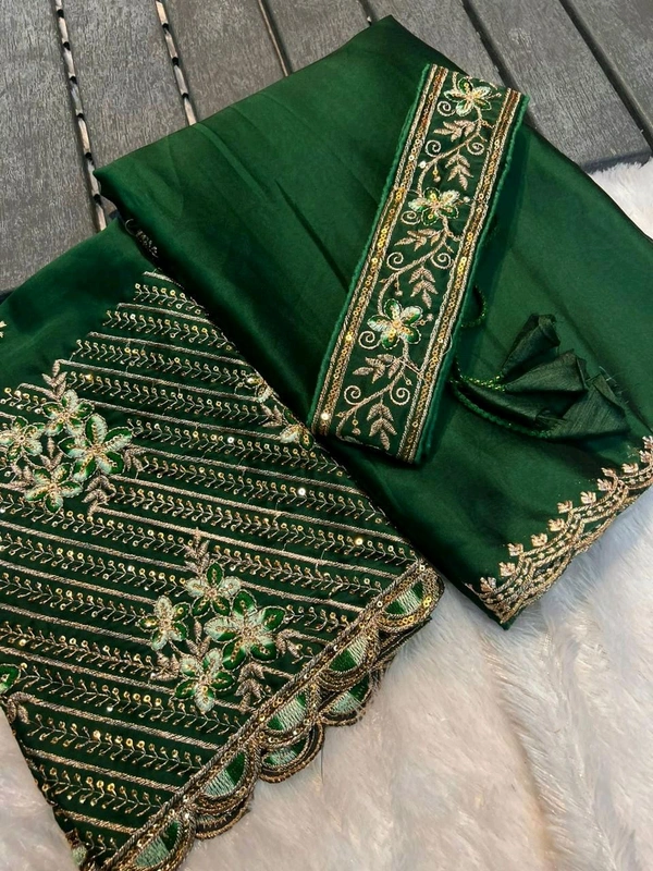 W22039 Rangoli Chiffon Saree  - Bottle green